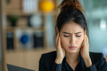 Young businesswoman experiences a severe headache, showing signs of stress and fatigue during a busy workday.