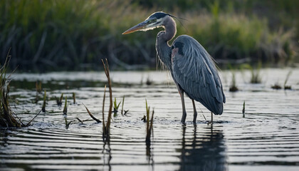 A solitary great blue heron as it stands motionless in the shallows of a marsh, its sleek silhouette mirrored perfectly in the still waters below and Highlight the intricate patterns of its plumage an