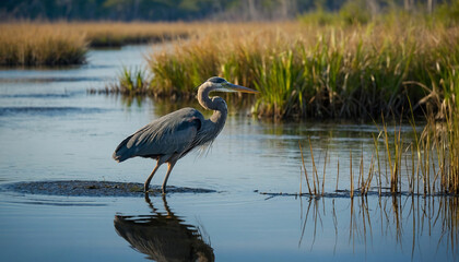 A solitary great blue heron as it stands motionless in the shallows of a marsh, its sleek silhouette mirrored perfectly in the still waters below and Highlight the intricate patterns of its plumage an