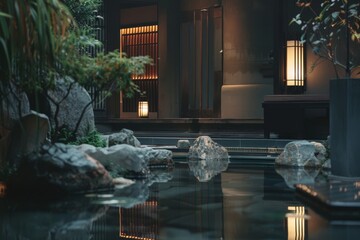 A Tranquil Pond With Rocks and Plants. Generative AI.