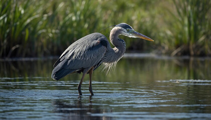 A solitary great blue heron as it stands motionless in the shallows of a marsh, its sleek silhouette mirrored perfectly in the still waters below and Highlight the intricate patterns of its plumage an