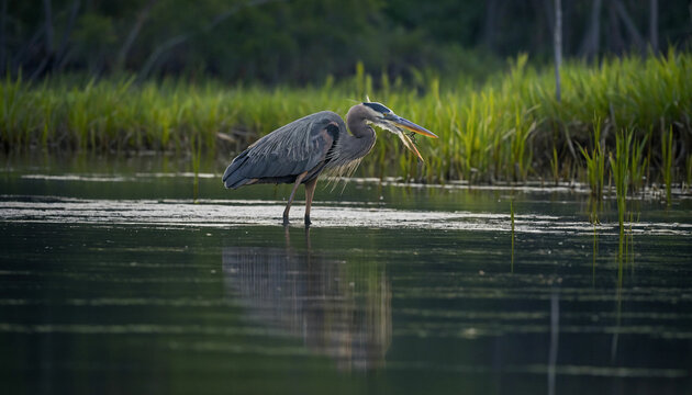 A solitary great blue heron as it stands motionless in the shallows of a marsh, its sleek silhouette mirrored perfectly in the still waters below and Highlight the intricate patterns of its plumage an