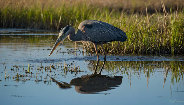 A solitary great blue heron as it stands motionless in the shallows of a marsh, its sleek silhouette mirrored perfectly in the still waters below and Highlight the intricate patterns of its plumage an