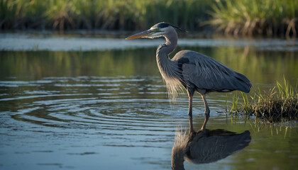 Fototapeta premium A solitary great blue heron as it stands motionless in the shallows of a marsh, its sleek silhouette mirrored perfectly in the still waters below and Highlight the intricate patterns of its plumage an