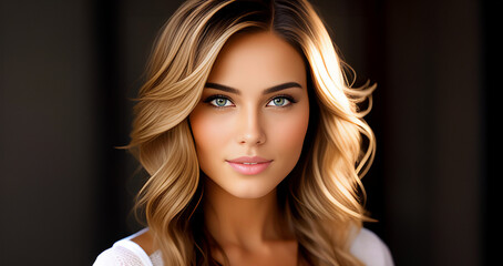 Fototapeta premium Beautiful girl face. Beautiful brunette woman, portrait closeup. Face of young woman with wavy hair. Beauty face. Model girl with curly hairstyle. Woman face.