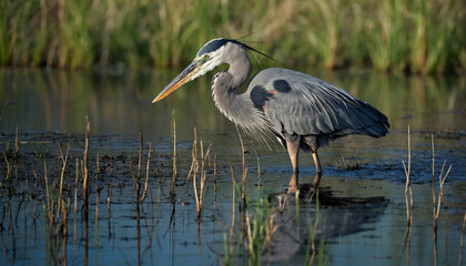 A solitary great blue heron as it stands motionless in the shallows of a marsh, its sleek silhouette mirrored perfectly in the still waters below and Highlight the intricate patterns of its plumage an