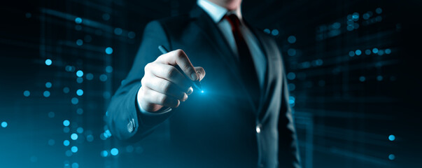 The businessman touch virtual screen. Man presses virtual button. Business Technology Concept
