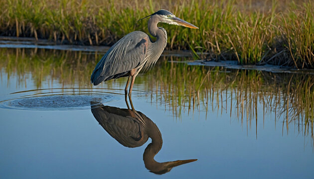 A solitary great blue heron as it stands motionless in the shallows of a marsh, its sleek silhouette mirrored perfectly in the still waters below and Highlight the intricate patterns of its plumage an