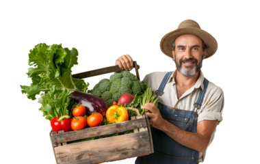 Farmer holding wooden box full of fresh raw vegetables