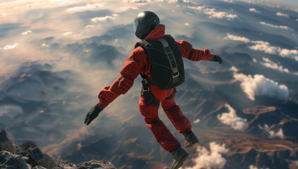 Back view of skydiver in free fall high up in the air. Generative AI.