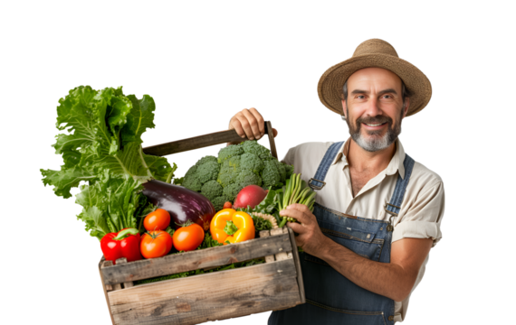 Farmer holding wooden box full of fresh raw vegetables