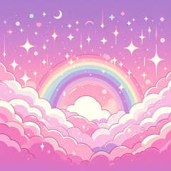 Holographic fantasy rainbow unicorn background with clouds and stars. Pastel color sky. Magical landscape, abstract fabulous pattern. Cute candy wallpaper. Vector.