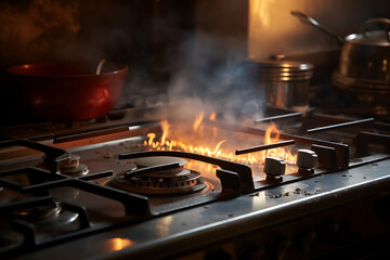Burning gas stove in the kitchen at night. Selective focus.
