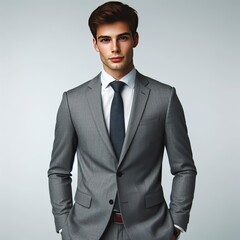 Fototapeta premium Serious |elegant, man | Confident. American. Businessman, portrait, handsome, smiling, white A young man in a tailored suit, Studio fashion portrait. elegant suit. Corporate Business man Portrait,