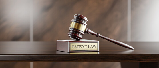 Patent Law: Judge's Gavel as a symbol of legal system and wooden stand with text word - obrazy, fototapety, plakaty