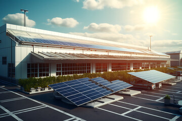 Solar panels on a roof of a modern building. 3D rendering