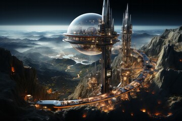 a futuristic city is sitting on top of a mountain