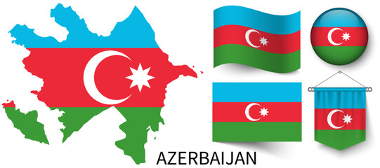 The various patterns of the Azerbaijan national flags and the map of Azerbaijan's borders