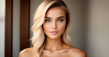 Naklejka premium Beautiful girl, closeup face. Beautiful brunette woman, portrait close up. Face of sensual woman with blue eyes. Beauty face. Fashion and Beauty. Model girl with curly hairstyle. Woman face close up.