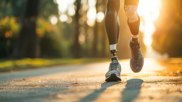 People wearing prosthetic legs jogging