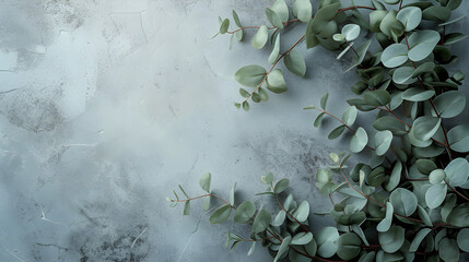 Eucalyptus branches on pastel gray background, suitable for interior design, spa, wellness, and relaxation concepts.
