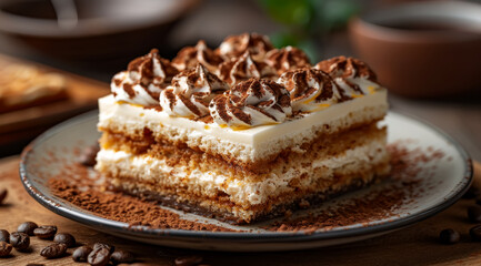 Layered tiramisu creamy cake sprinkled with cocoa on a plate against a wooden backdrop, ai generated - obrazy, fototapety, plakaty