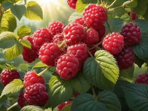 Lovely ripe red raspberries in the garden in the afternoon, close-up 