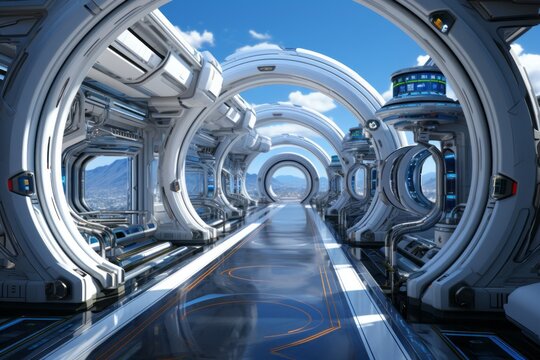 a computer generated image of a futuristic tunnel with a blue sky in the background
