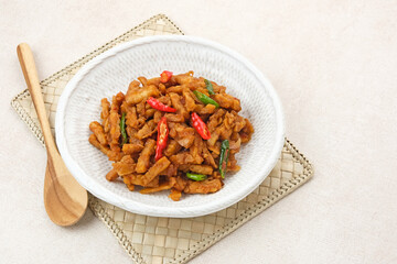 Orek Tempe or Stir Fry Tempeh, sweet and spicy. Indonesian traditional food.
