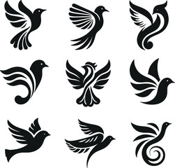 Set of birds vector silhouettes for logo clipart design concept, isolated on a white background