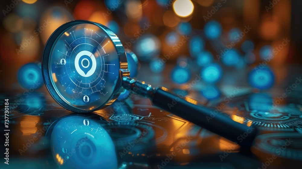 Aufkleber a magnifying glass with blue targets and marketing icons on top of it. generative ai.