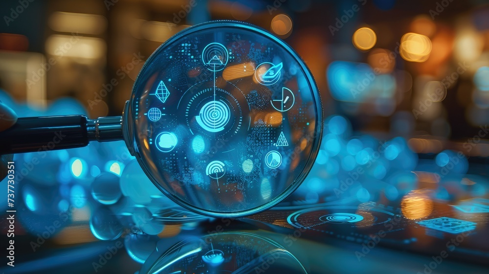 Aufkleber a magnifying glass with blue targets and marketing icons on top of it. generative ai.