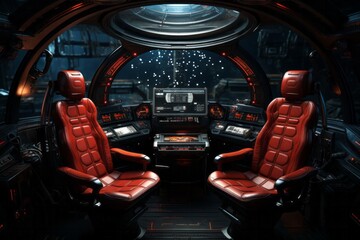 there are two red chairs in the cockpit of a space ship