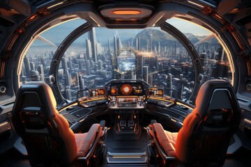 the cockpit of a space ship with a view of a futuristic city - obrazy, fototapety, plakaty