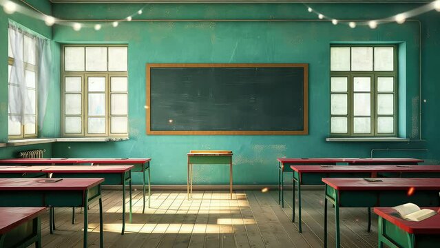 Animation empty school or university classroom with big chalkboard. seamless 4k video background. generated with ai