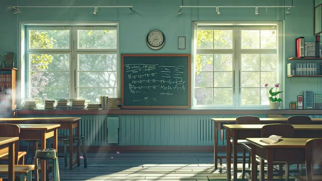 Animation empty school or university classroom with big chalkboard. seamless 4k video background. generated with ai