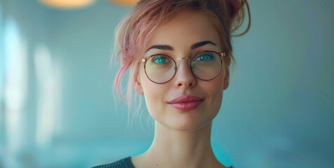 Fototapeta na wymiar Happy modern business woman, the woman is wearing glasses. Generative AI.