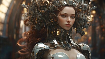 Mechanical female android looking, cinematic lighting, intricate, elegant, super highly detailed, art station, concept art, smooth, sharp focus, no blur, no dof, extreme illustration,