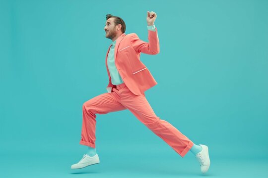 Happy, Funny Man Dancing, Singing, Relaxing And Having Fun. Full Body Length Shot Of Joyful Dancing Young Man Wearing Trendy Pink Party Suit And White Shoes Kicking His Leg Isolated On Blue Backgroun