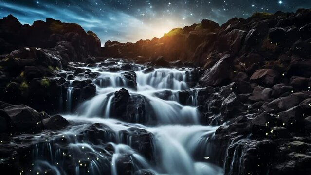 amazing nature view with waterfall and beautiful sky. a captivating astrophotography image of a stellar. seamless looping overlay 4k virtual video animation background 