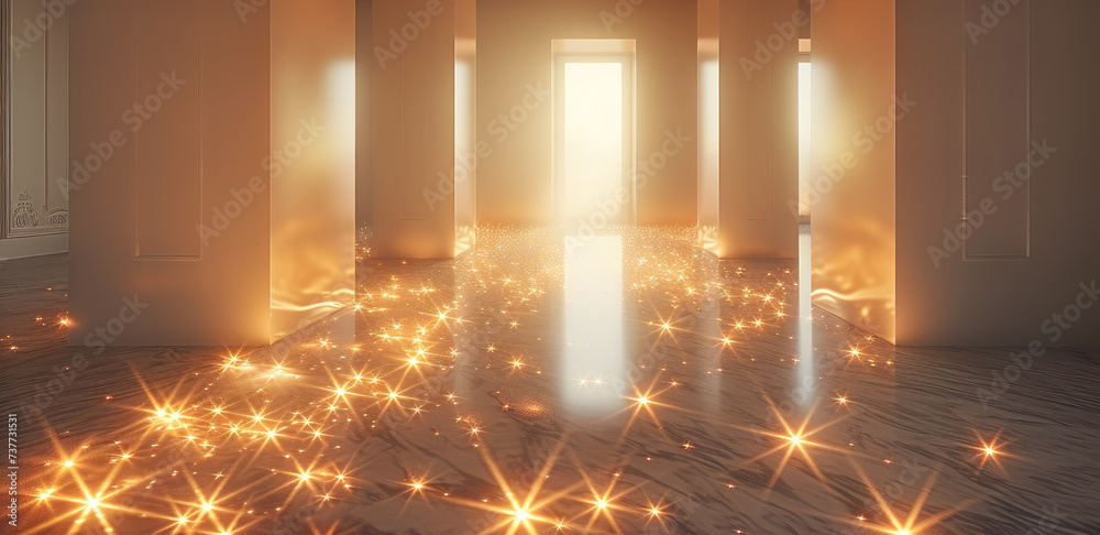 Sticker glowing stars on floor of an empty room. generative ai.
