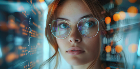 Close-up of a businesswoman deeply focused on data analysis. Generative AI. - obrazy, fototapety, plakaty