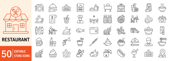 Restaurant editable stroke outline icons set. Food, business, cooking, food delivery, meat, fish, pork, beef, meal, drinks and take away. Vector illustration