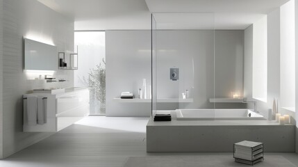 Fototapeta na wymiar Modern Bathroom with Glass Partition and White Vanity AI Generated.