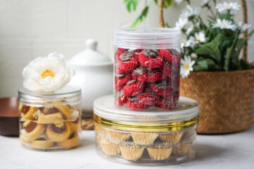Popular cookies in Malaysia during celebration of Eid Mubarak (Hari Raya) on white background and selective focus.