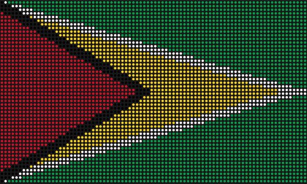 Guyana official flag with grunge texture in mosaic dot style. Abstract pixel illustration of national flag with halftone effect for wallpaper. 