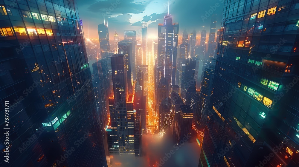 Poster Futuristic metropolis teeming with life and innovation. sleek skyscrapers piercing the sky, illuminated by the neon glow of advanced technology. Generative AI.