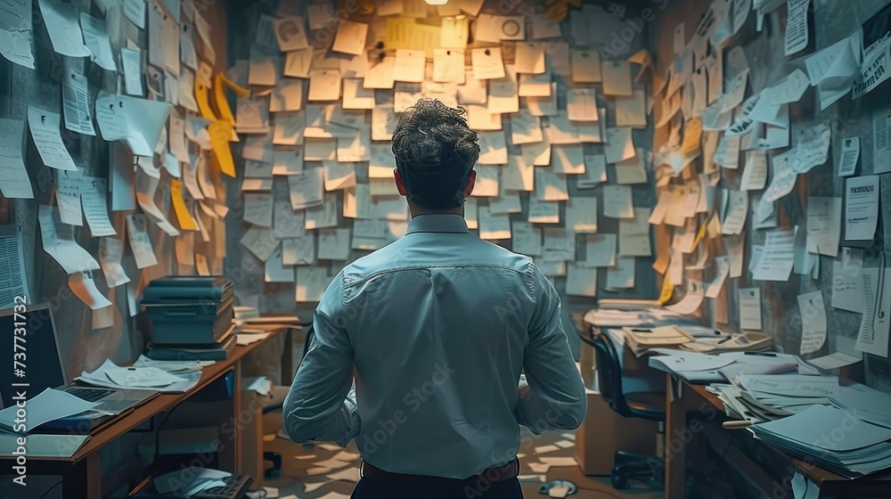 Poster businessman is busy, fixing a to-do list. generative ai.