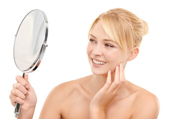 Mirror, face and woman with skin for beauty, natural glow and smile isolated on white background....