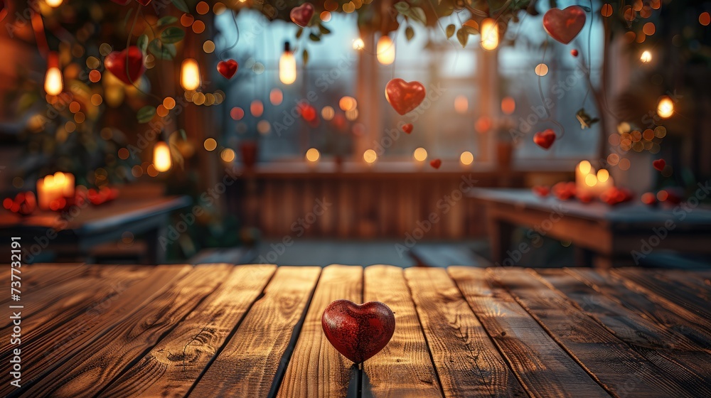 Poster a wooden table with front perspective, background of valentine day. generative ai.